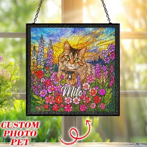Personalized Cat Portrait Square Faux Stained Glass From Photo, Cat Lover Ornament Gift, Custom Photo Pet Suncatcher Keepsake Gift